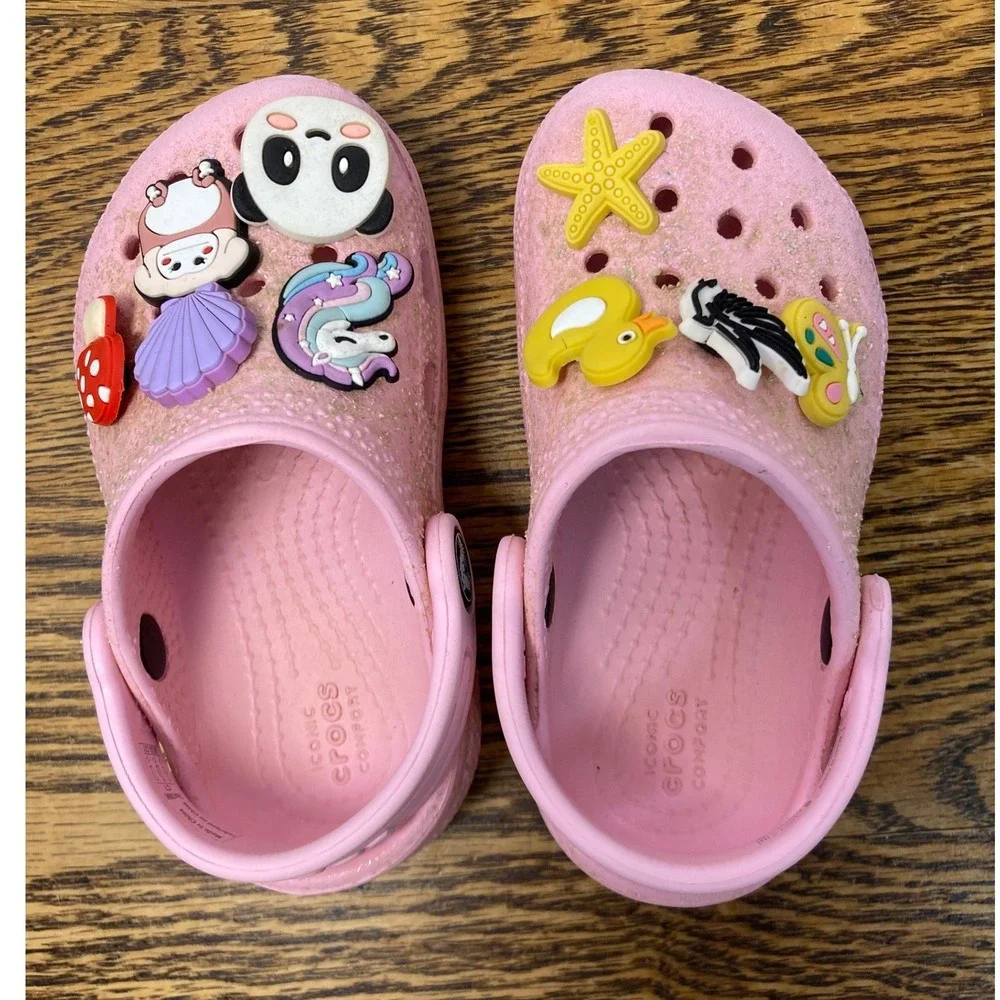 Crocs Toddler Classic Clog Pink Glitter Charms Panda Unicorn Size C7 206992-6SW